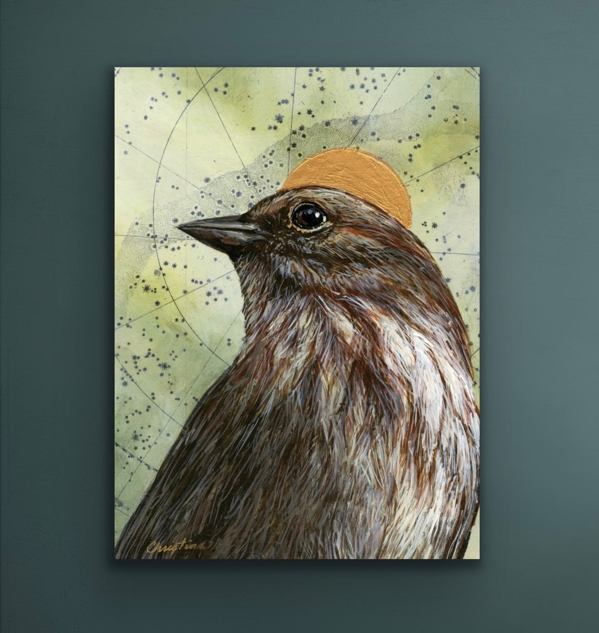 "Celestial Sparrow" by Christina Keith, a sparrow with a celestial backdrop.