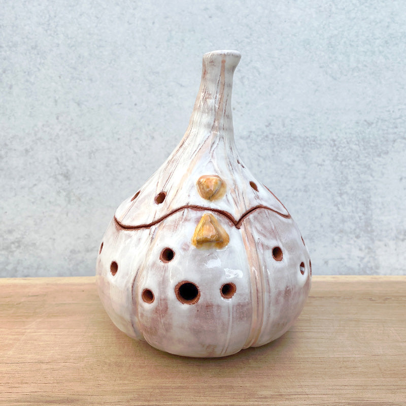 Handmade ceramic garlic keeper jar by artist Molly Lithgo, shaped like a garlic bulb.