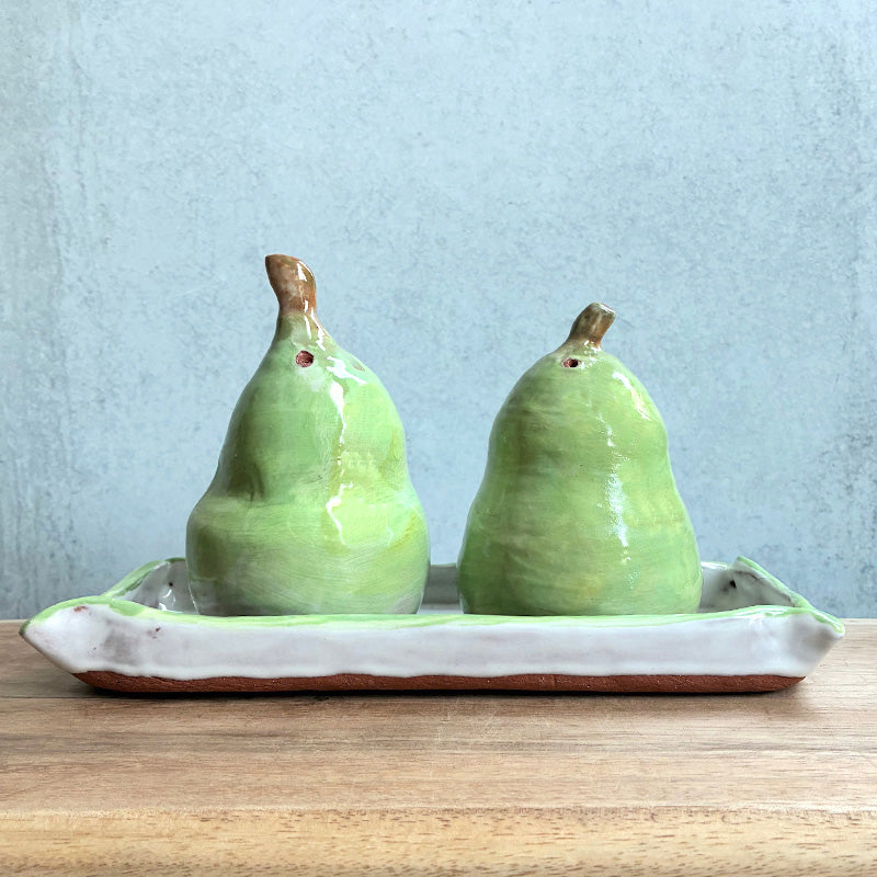 Ceramic pear salt and pepper shaker set with rectangle tray by Molly Lithgo.