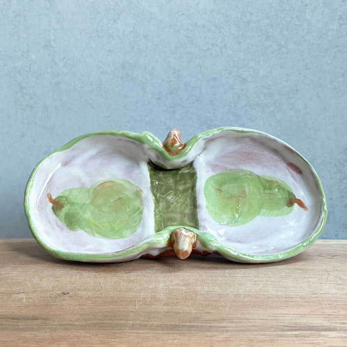 Ceramic pear salt and pepper shaker set with tray by Molly Lithgo -  curvy tray decorated with pear imagery shown.