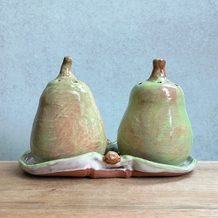 Ceramic pear salt and pepper shaker set with tray by Molly Lithgo.
