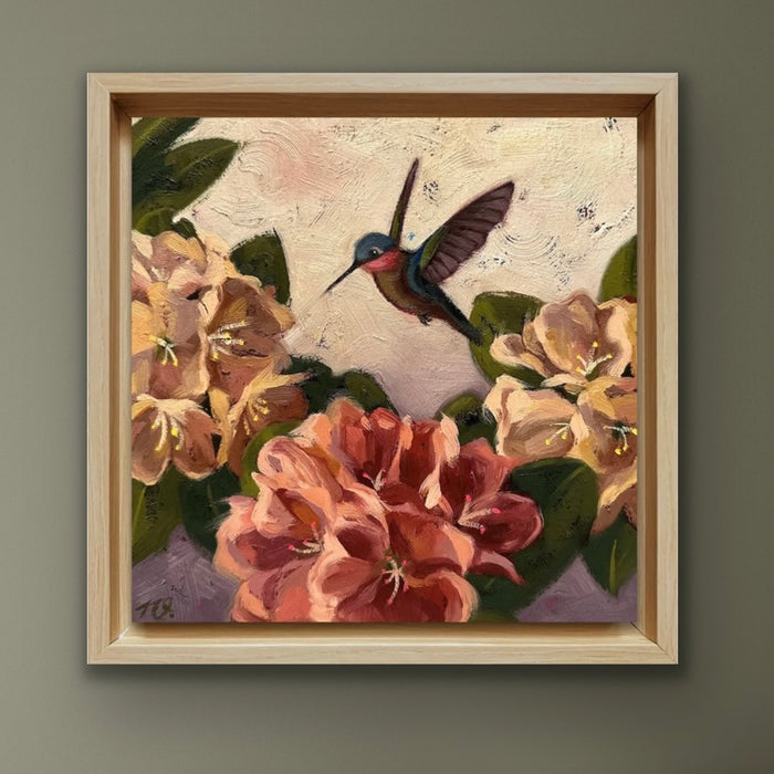 "Choices" painting by Ninalee Irani.  A hummingbird among yellow and orange rhododendrons.