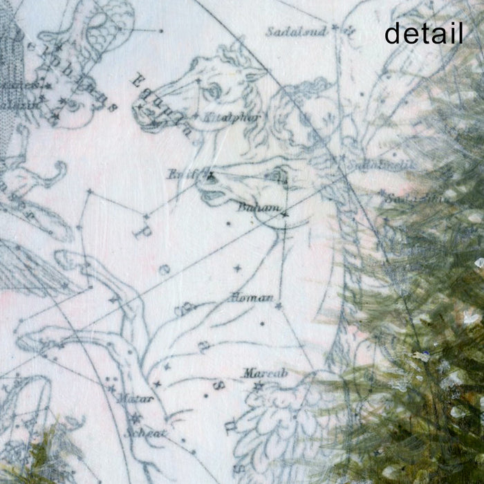 Detail of a small framed, mixed media landscape painting of trees along a river and celestial map with horses in the sky.  Around the Bend artwork by Christina Keith, matted and framed in black. 