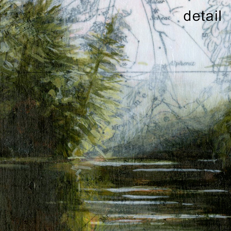 Detail of a small framed, mixed media landscape painting of trees along a river and celestial map sky.  Around the Bend artwork by Christina Keith, matted and framed in black. 