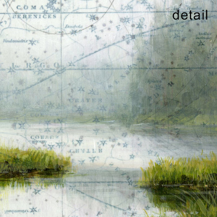 Detail of small framed, mixed media landscape painting. Misty water view trees in the background and celestial map sky.  Back Channels artwork by Christina Keith, matted and framed in black. 