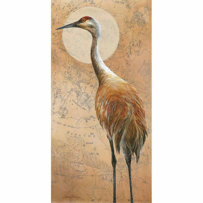 Narrow, vertical mixed media artwork featuring a Sandhill Crane and celestial map in golden hues. Artwork by Christina Keith. 