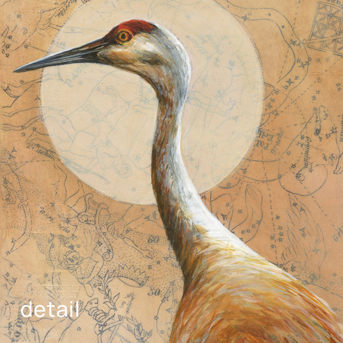 Narrow, vertical mixed media artwork featuring a Sandhill Crane and celestial map in golden hues. Artwork by Christina Keith. Up close detail shown. 