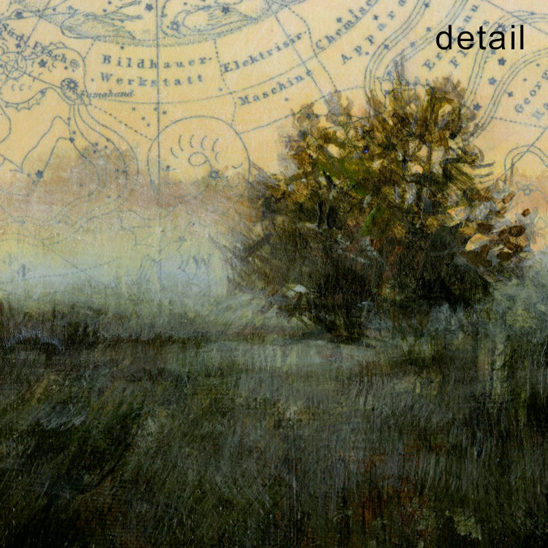 Detail of a small framed, mixed media landscape painting of a tree in a field beneath a celestial map sky.  Golden Summer artwork by Christina Keith, matted and framed in black. 