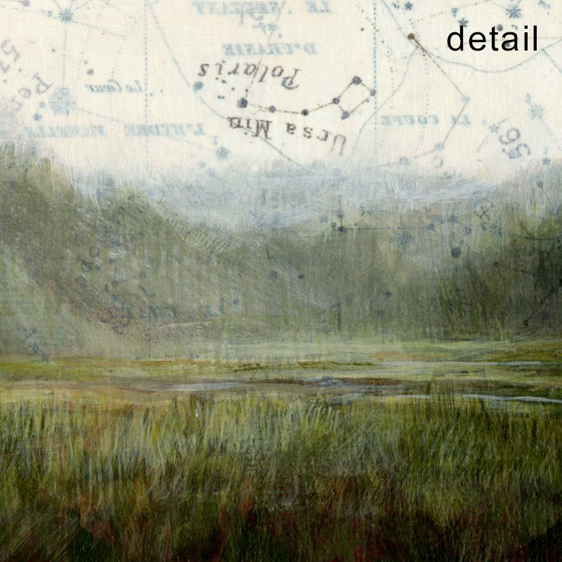 Bottom detail of small framed, mixed media landscape painting beneath a celestial map sky.  Open Spaces artwork by Christina Keith, matted and framed in black. 