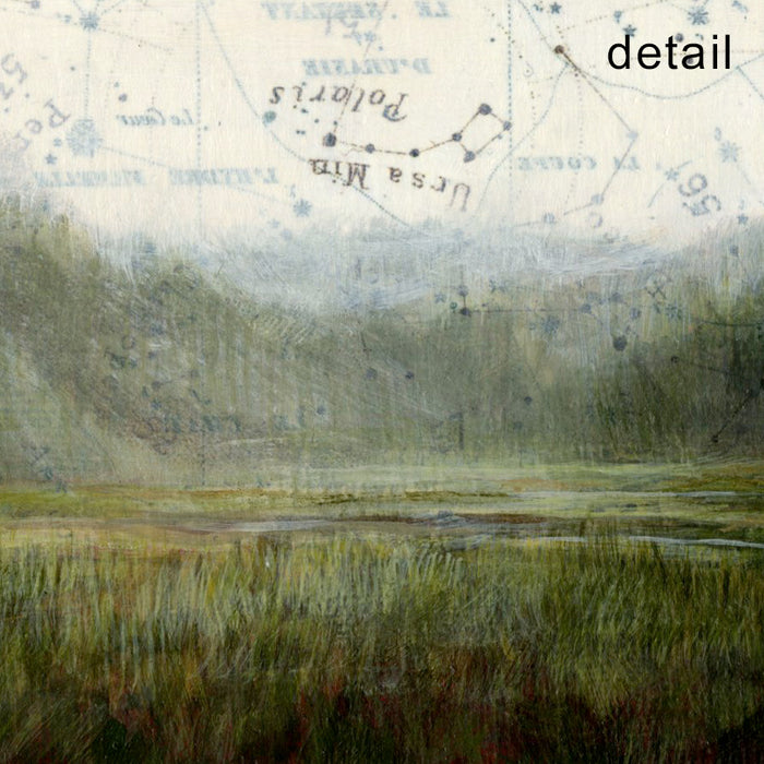 Bottom detail of small framed, mixed media landscape painting beneath a celestial map sky.  Open Spaces artwork by Christina Keith, matted and framed in black. 