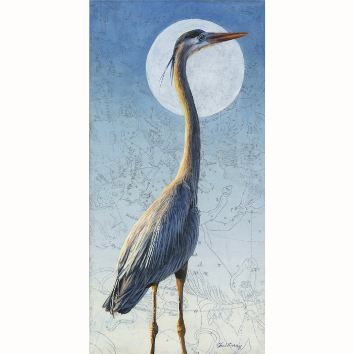 Narrow, vertical mixed media artwork featuring a Great Blue Heron and celestial map in soft blue hues. Artwork by Christina Keith. 