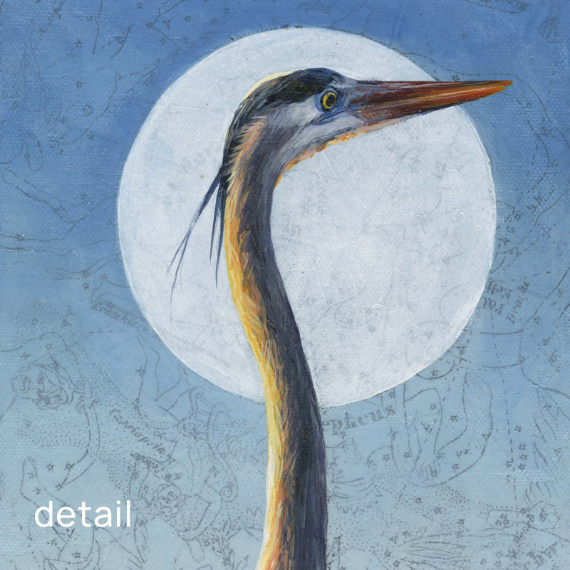 Narrow, vertical mixed media artwork featuring a Great Blue Heron and celestial map in soft blue hues. Artwork by Christina Keith. Close up detail shown. 