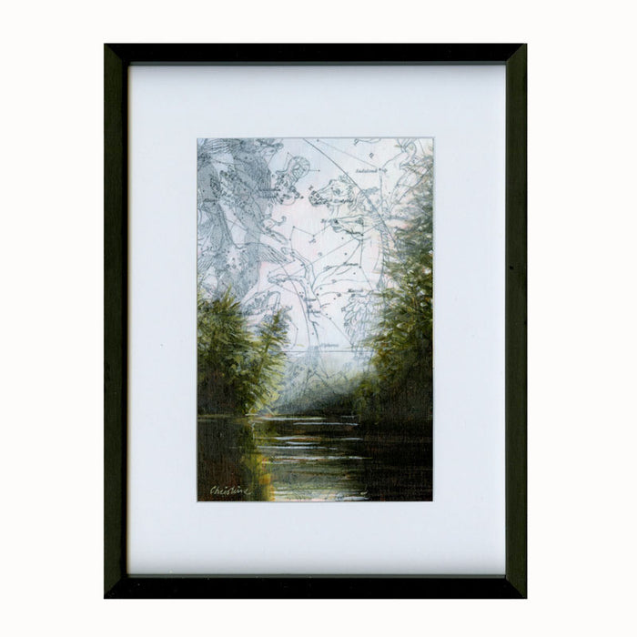 Detail of a small framed, mixed media landscape painting of trees along a river and celestial map sky.  Around the Bend artwork by Christina Keith, matted and framed in black. 