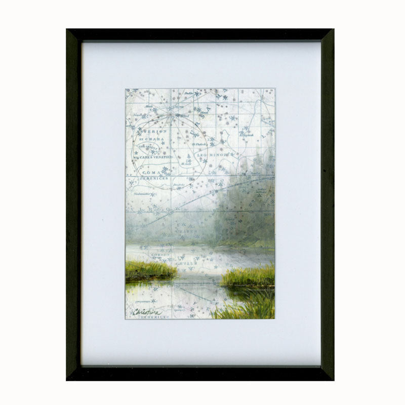 Detail of a small framed, mixed media landscape painting. Misty water view trees in the background and celestial map sky.  Back Channels artwork by Christina Keith, matted and framed in black. 