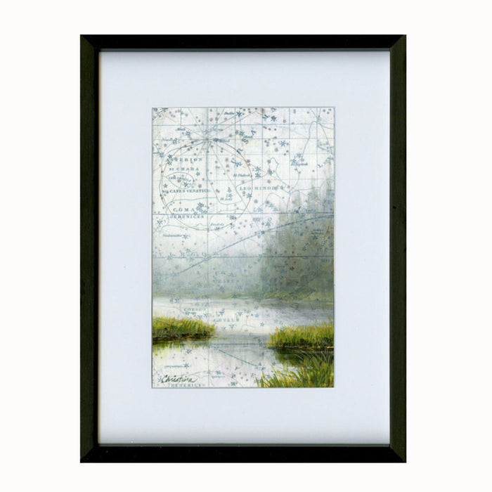 Detail of a small framed, mixed media landscape painting. Misty water view trees in the background and celestial map sky.  Back Channels artwork by Christina Keith, matted and framed in black. 