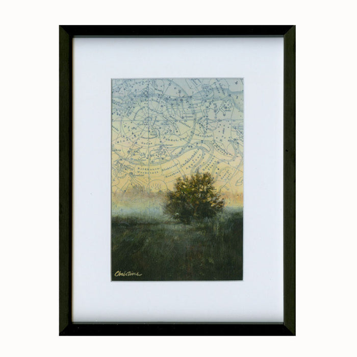 Small framed, mixed media landscape painting of a tree in a field beneath a celestial map sky.  Golden Summer artwork by Christina Keith, matted and framed in black. 