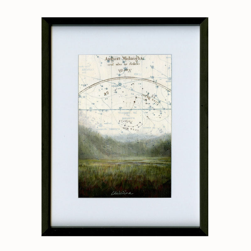 Small framed, mixed media landscape painting beneath a celestial map sky.  Open Spaces artwork by Christina Keith, matted and framed in black. 