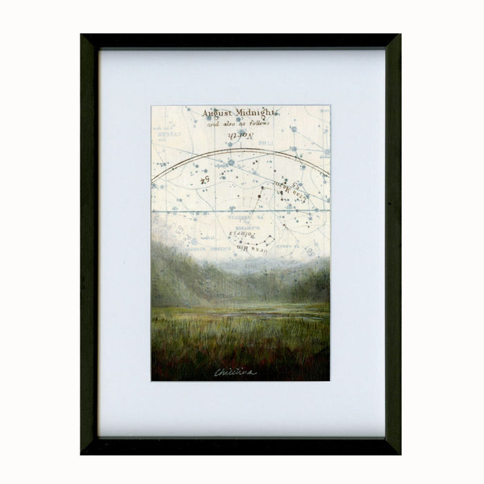 Small framed, mixed media landscape painting beneath a celestial map sky.  Open Spaces artwork by Christina Keith, matted and framed in black. 