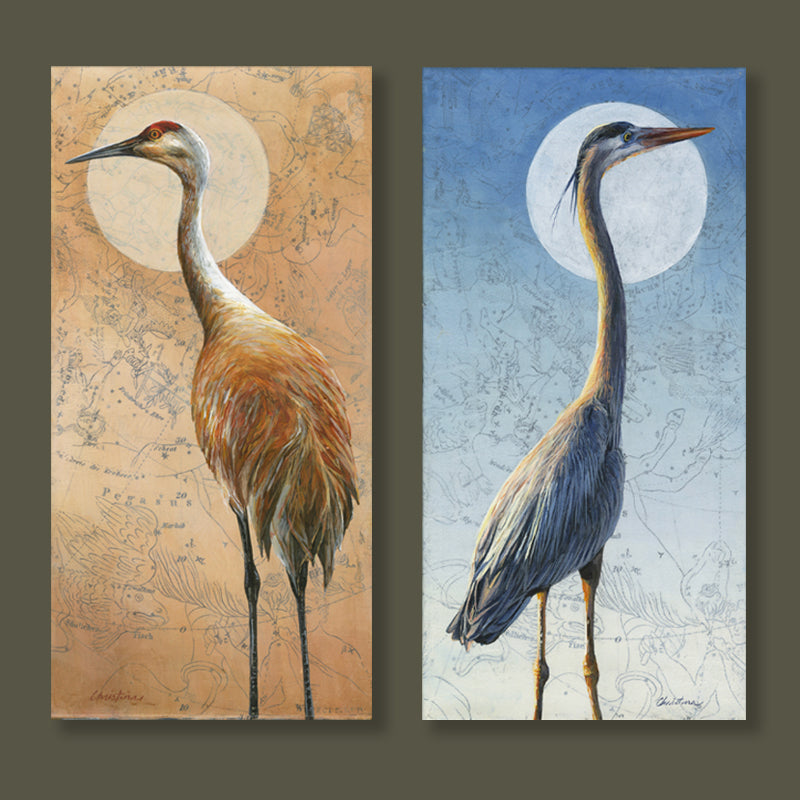 Narrow, vertical mixed media paintings, one with a Sandhill Crane and one with a Great Blue Heron by artist Christina Keith. 