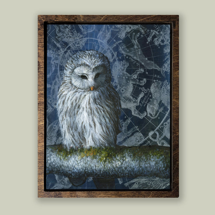 "Noctua" mixed media owl and night themed artwork by Christina Keith.