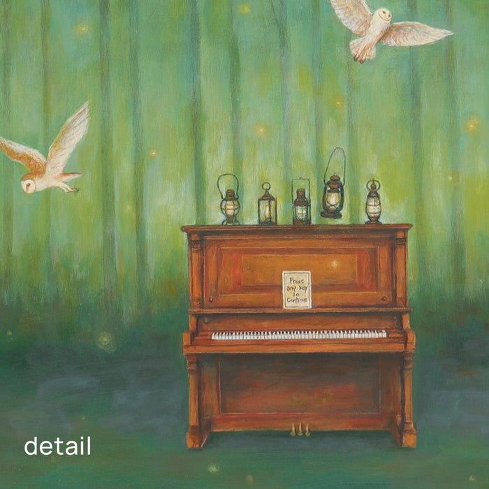 Wooden piano with lanterns on top, sitting in a forest with owls flying overhead. Detail of a larger painting. 