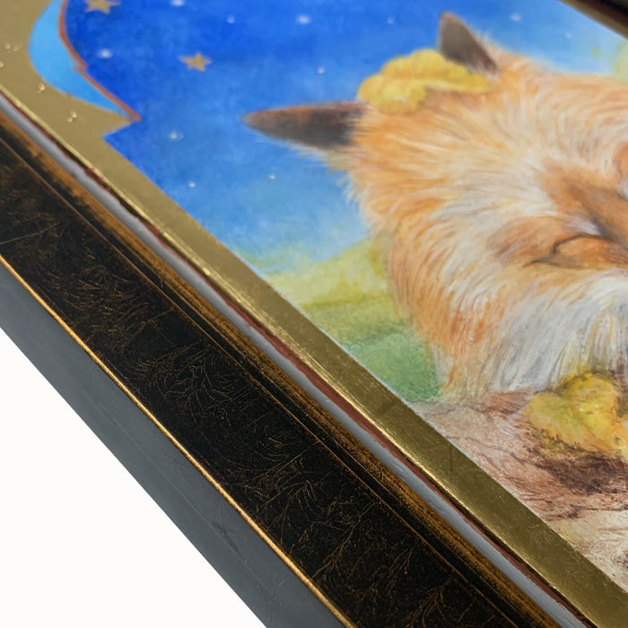 "As Stars Fall From the Sky" starry sky, fallen leaves and sleeping fox painting by Diane Savino.  Frame detail.