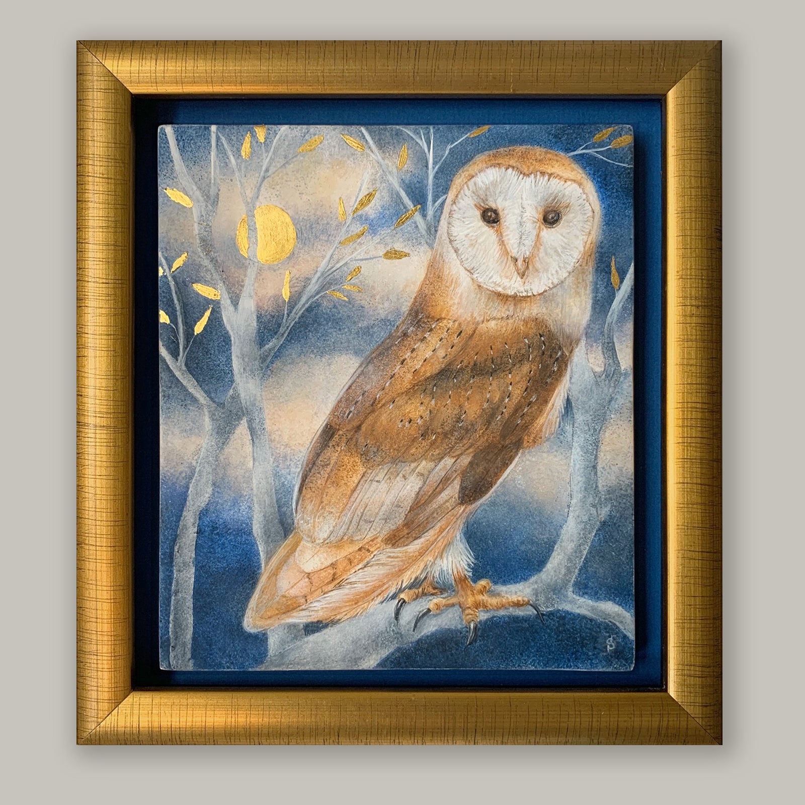 "By the Light of the Moon" owl painting by Diane Savino. An owl perches on a tree branch under a golden moon.