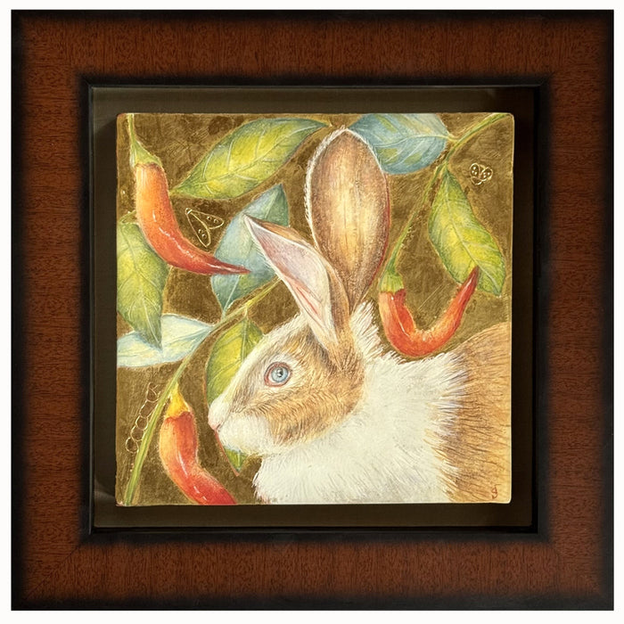 Garden Interloper painting by Diane Savino, a rabbit is surrounded by foliage and red peppers. 