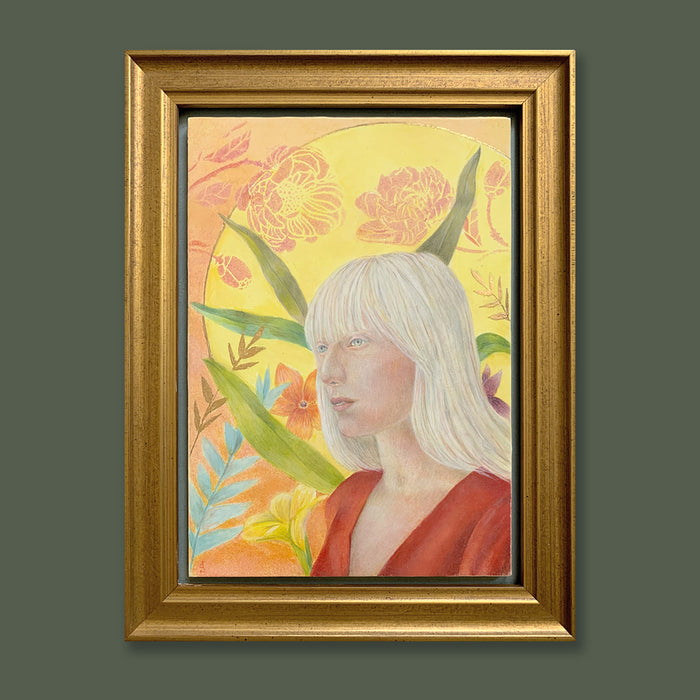 "How Does Your Garden Grow" egg tempera painting by Diane Savino. A woman with long blonde hair and in a red blouse looks off in the distance while flowers and leaves swirl behind her. Hung on dark green wall.