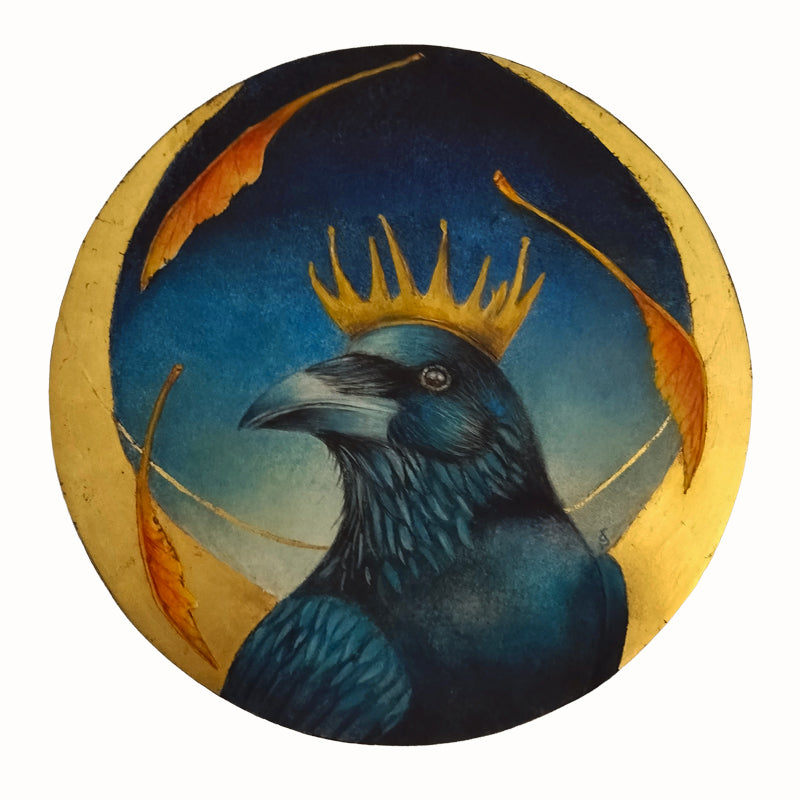 An 8" circular painting of a crown with golden crown, against a night sky with gold leaf details by Diane Savino.