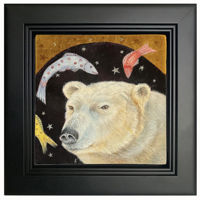 Night Fishing painting by Diane Savino, a polar bear dreams of fish under a starry sky.