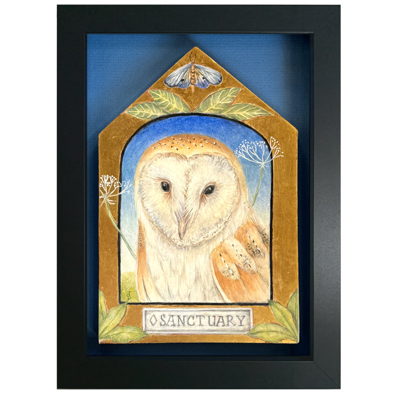 Sanctuary painting by Diane Savino, an owl sits inside a vignette on a house shaped form with foliage and a moth on top.