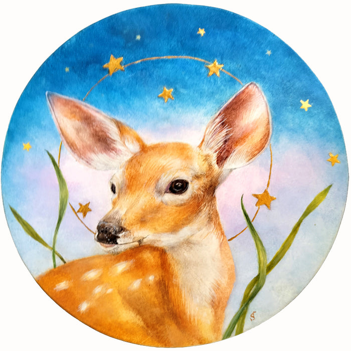 A circular egg tempera and gold leaf painting featuring a young spotted fawn under a starry night sky. Original artwork by Diane Savino.