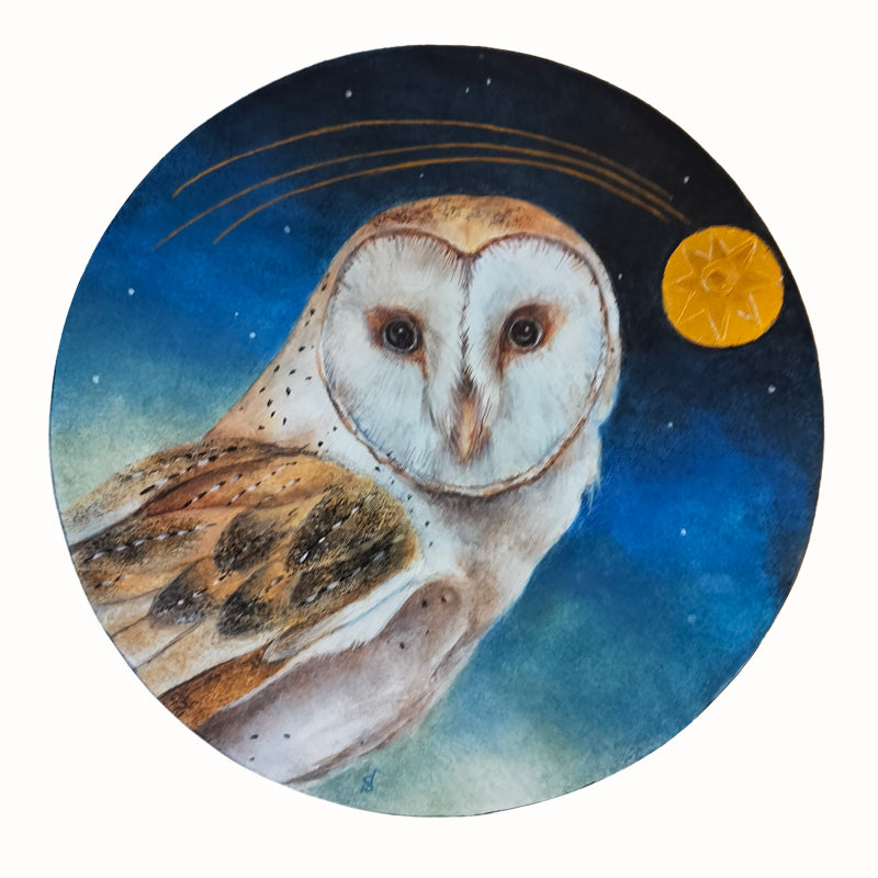 An 8" circular painting of a barn owl against a starry night sky with gold leaf details by Diane Savino.