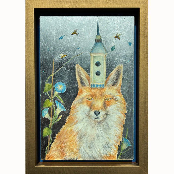 "The Apiarist (Beekeeper)" painting by Diane Savino. Framed artwork of a fox with a tower on its head, surrounded by flowers and bees.