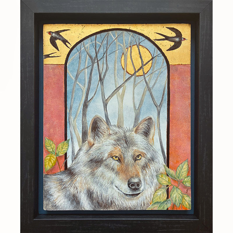 Illustrative egg tempera and gold leaf painting featuring a gray wolf in the foreground, an arched window-like scene with bare trees and a golden moon, two birds at the top, and red-orange side panels. The artwork, by Diane Savino, is set in a dark brown frame.