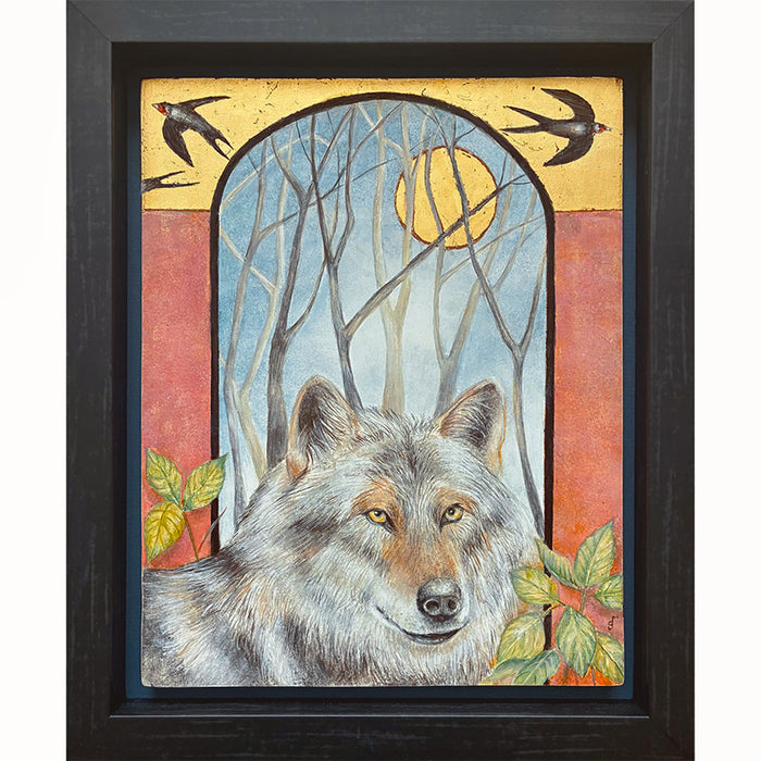 Illustrative egg tempera and gold leaf painting featuring a gray wolf in the foreground, an arched window-like scene with bare trees and a golden moon, two birds at the top, and red-orange side panels. The artwork, by Diane Savino, is set in a dark brown frame.