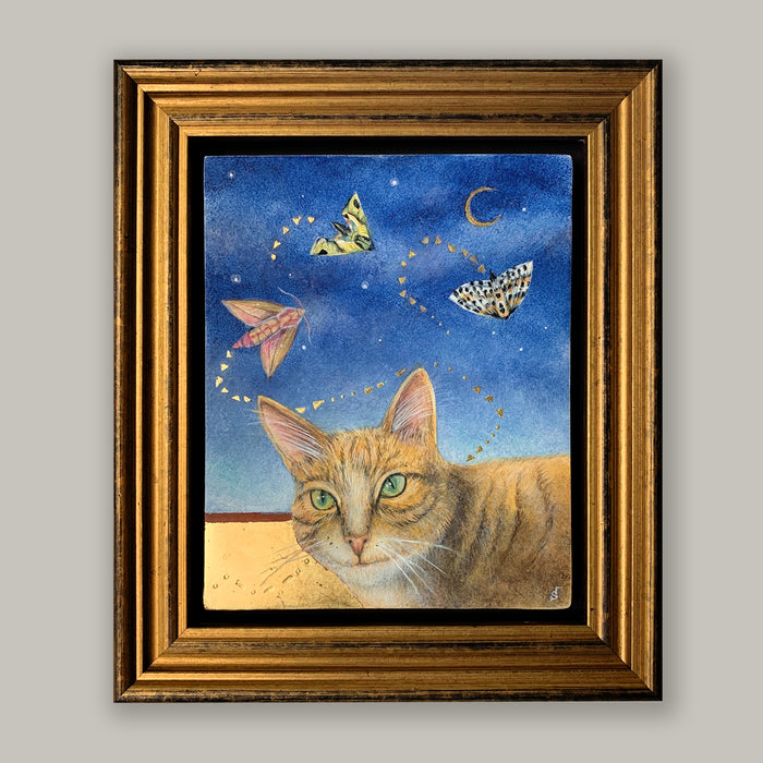 Diane Savino's "Night Stalker" egg tempera and gold leaf painting features a cat chasing moths under the night sky.