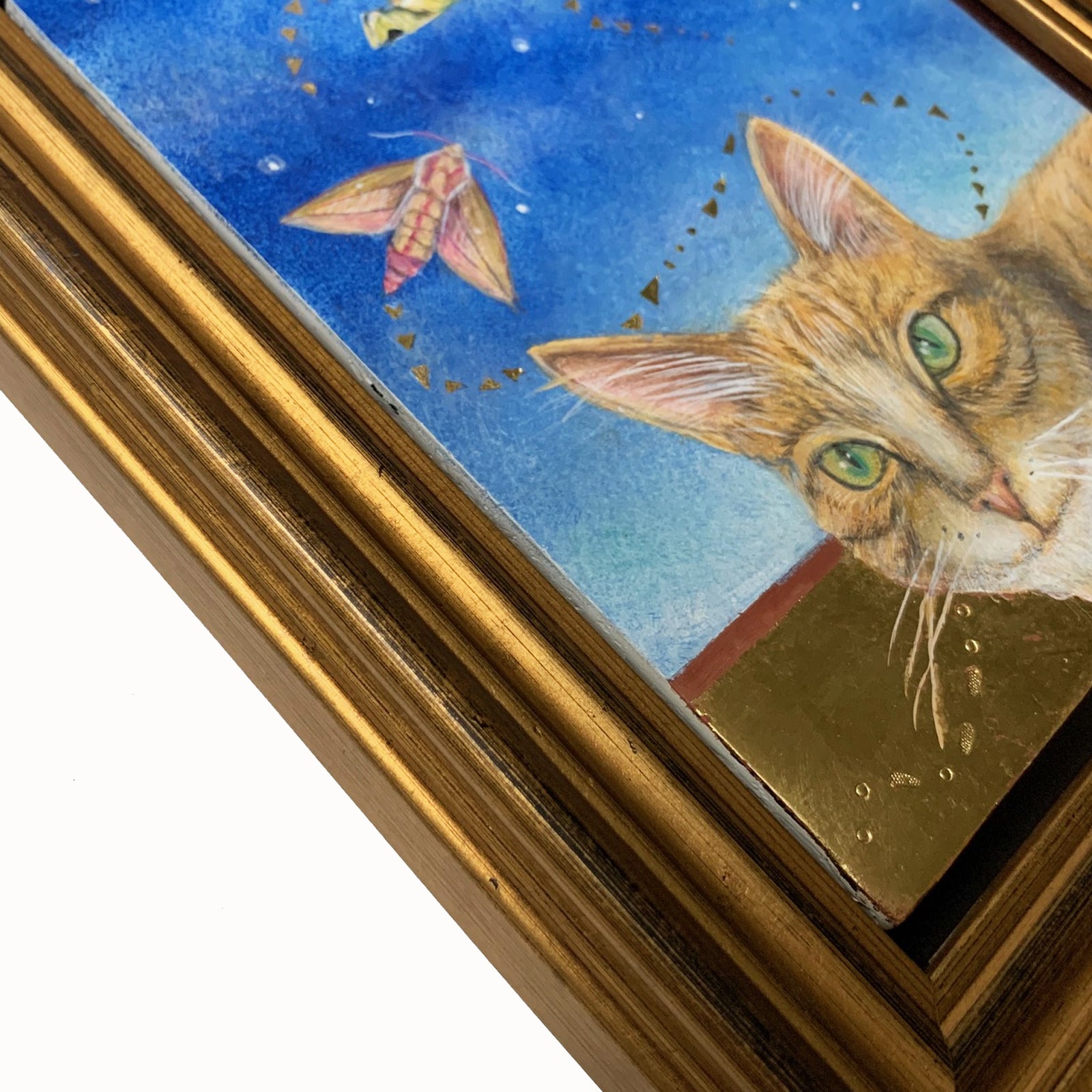 Diane Savino's "Night Stalker" egg tempera and gold leaf painting features a cat chasing moths under the night sky. Frame detail.