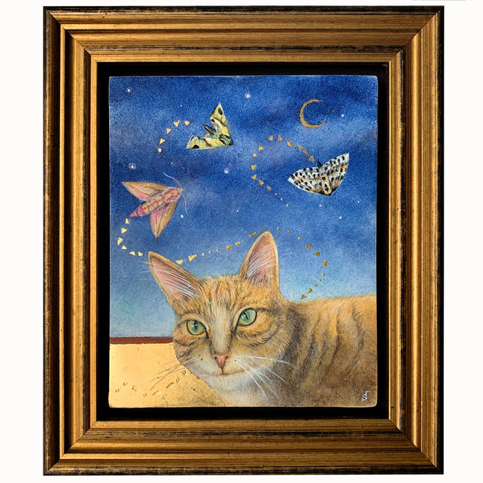 Diane Savino's "Night Stalker" egg tempera and gold leaf painting features a cat chasing moths under the night sky.