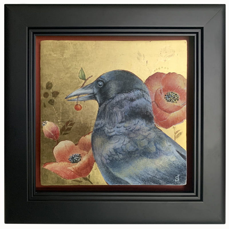 "The Bearer" painting by Diane Savino. A crow sits among red flowers with a gold background and black frame.