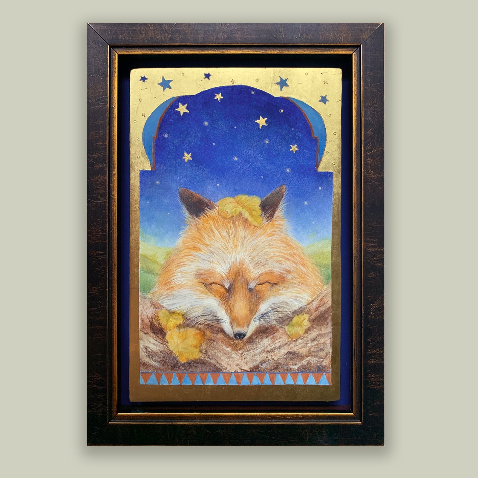 "As Stars Fall From the Sky" starry sky, fallen leaves and sleeping fox painting by Diane Savino.