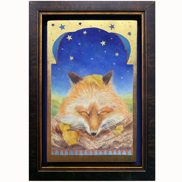 "As Stars Fall From the Sky" starry sky, fallen leaves and sleeping fox painting by Diane Savino.