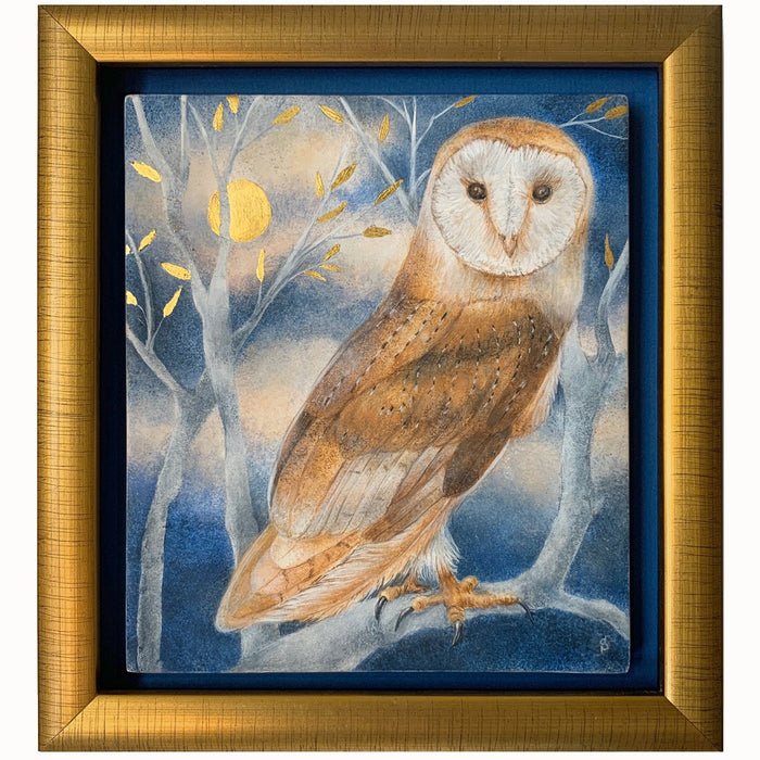 "By the Light of the Moon" owl painting by Diane Savino. An owl perches on a tree branch under a golden moon.