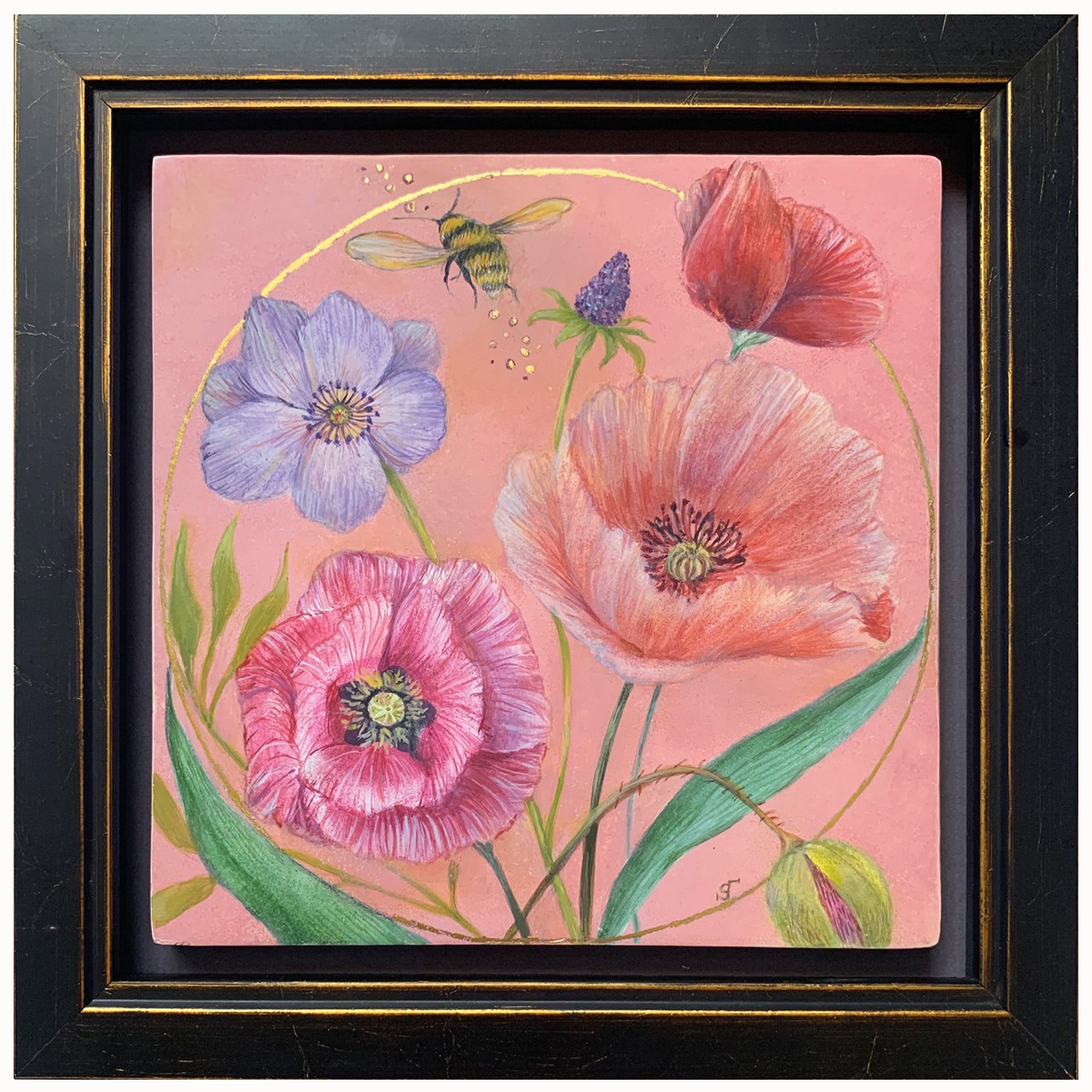 "A Bumblebee's Bouquet" egg tempera painting with gold leaf accents by Diane Savino. A bee buzzes among pink and purple flowers.