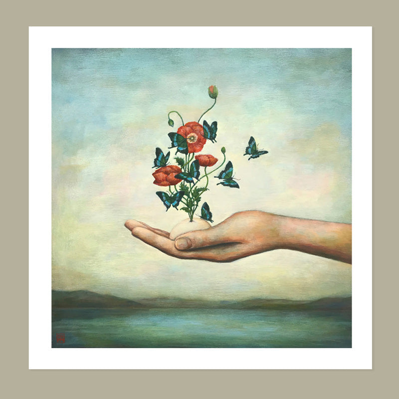 Duy Huynh's "A New Beginning" 10 x 10" limited edition art print on paper with 1 inch white border. A hand holds an egg from which red Icelandic poppies bloom with butterflies swirling around them.