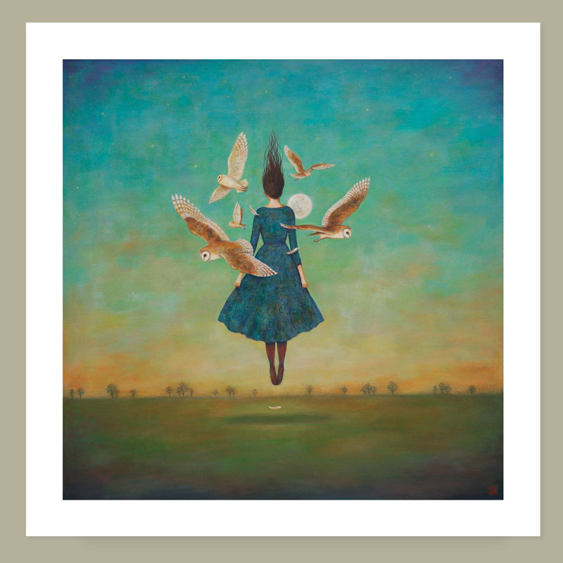 Duy Huynh's "Autumn Gloaming" 12 x 12" limited edition art print on paper with 1 inch white border. Barn owls circle around a woman at dusk. She wears a blue dress, and is rising up under a full moon. 