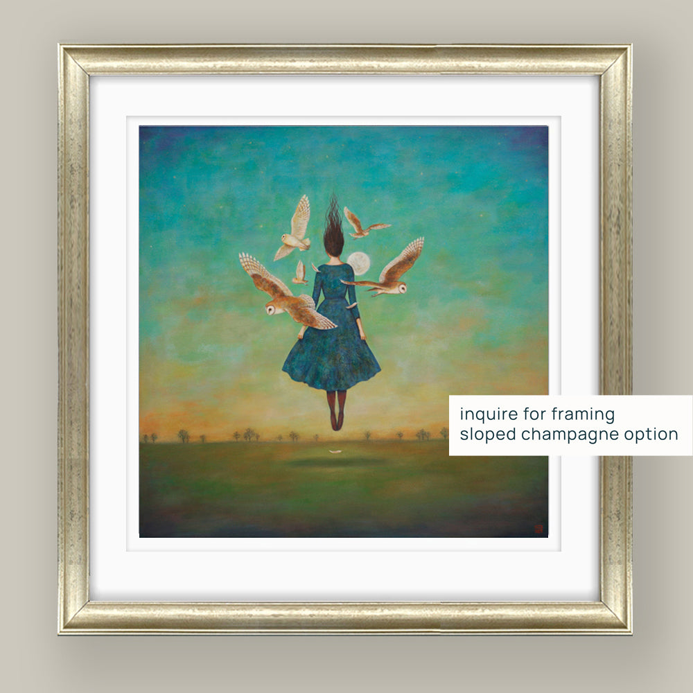 Duy Huynh's "Autumn Gloaming" 12 x 12" limited edition art print on paper with 1 inch white border. Barn owls circle around a woman at dusk. She wears a blue dress, and is rising up under a full moon. Mock up with sloped champagne frame.