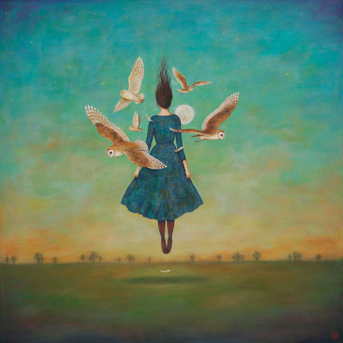 Duy Huynh's "Autumn Gloaming" 12 x 12" limited edition art print on paper. Barn owls circle around a woman at dusk. She wears a blue dress, and is rising up under a full moon. 