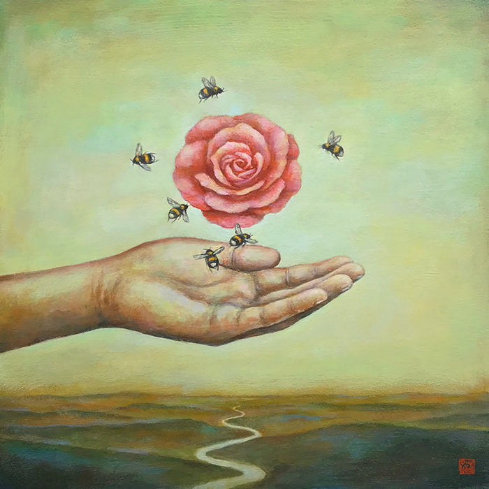 "Beeyond Grateful" painting by artist Duy Huynh. A hand reaches out over an open landscape, a pink camellia flower and six bees surrounding it hover above. 12 x 12 x 2" acrylic on wood.